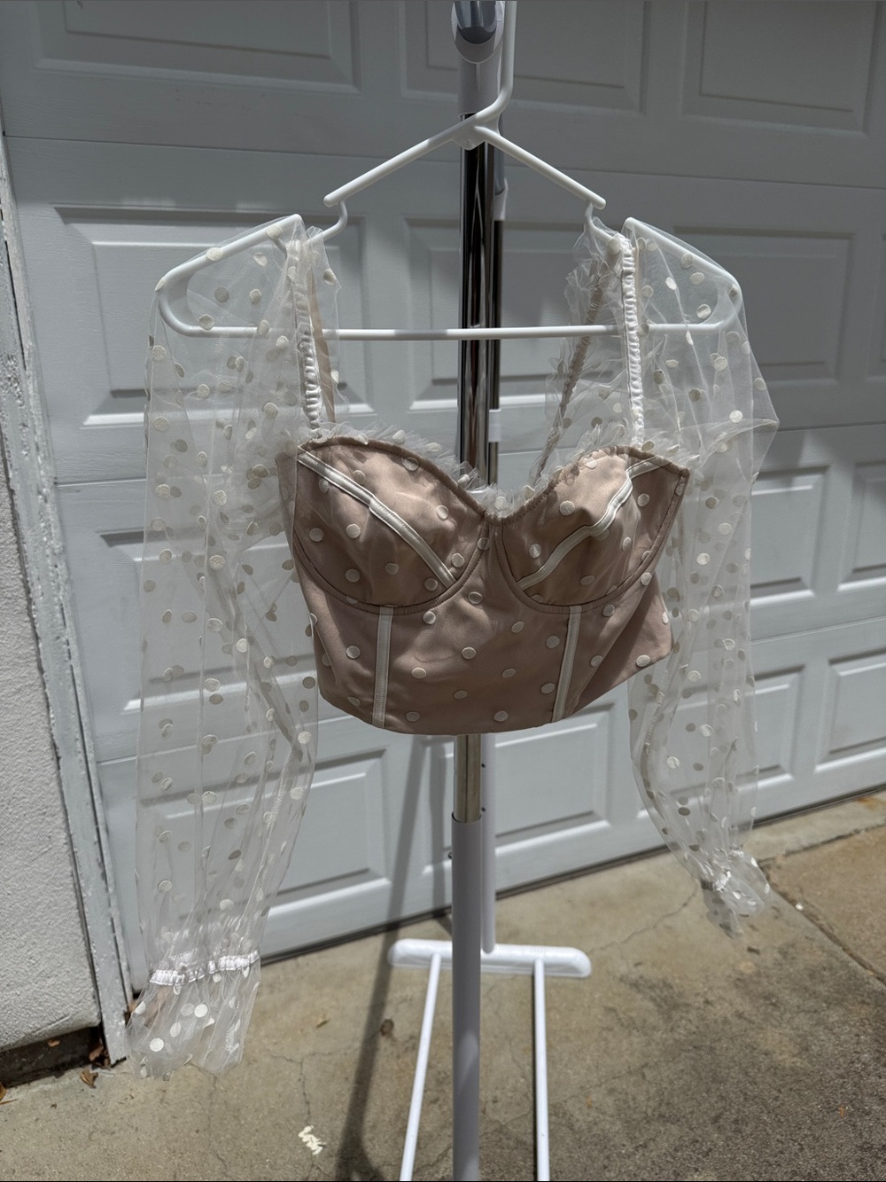 Sheer Polka Dot Long Sleeve Crop Bustier Top - Nude